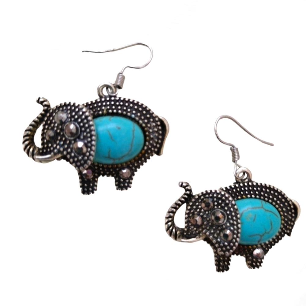 Elephant Marquesite Blue Stone Dangle Earrings